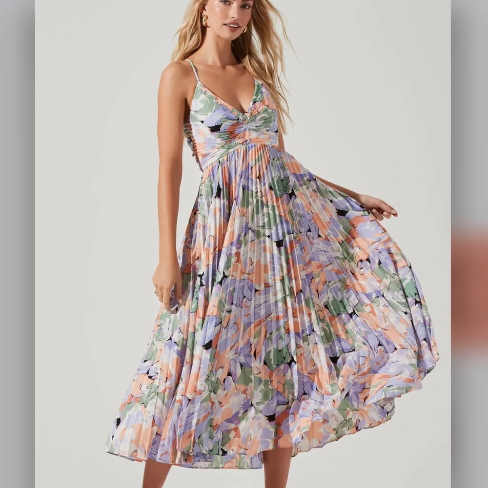 Floral Pleated Midi Dress in Pastel Multi